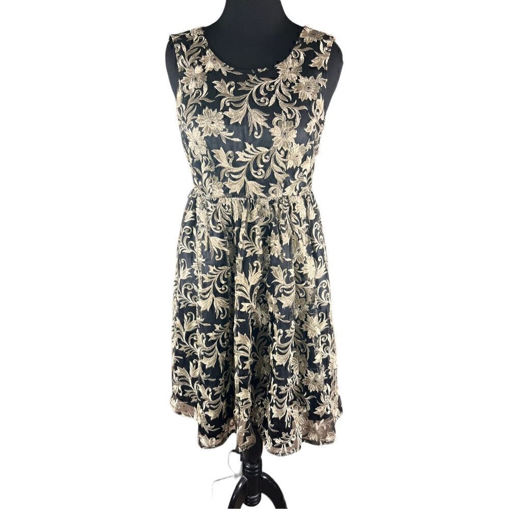 Roz & Ali black gold metallic embroidered floral sleeveless Tea dress 4